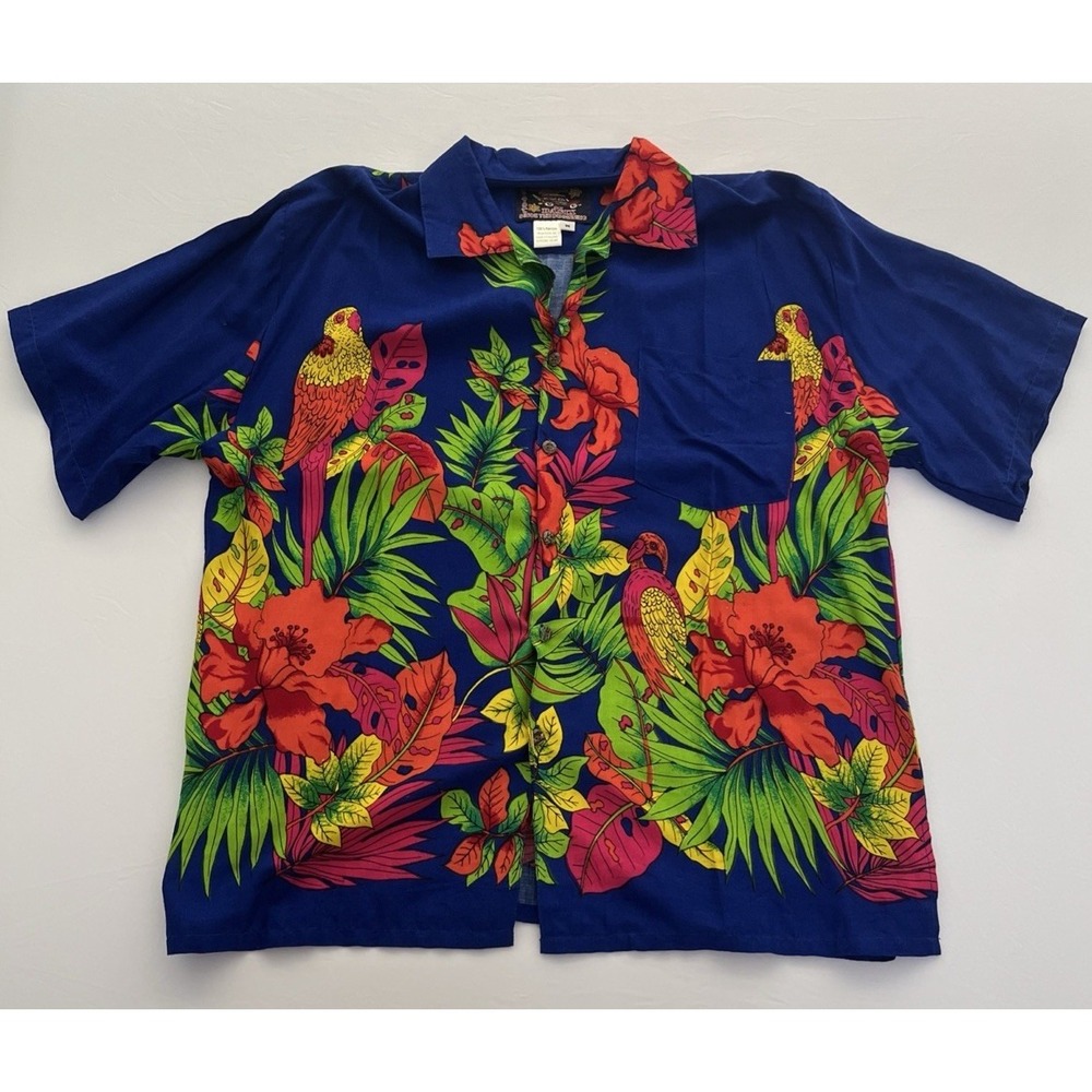 Basix Original Mens Hawaiian Shirt Size M Blue Parrot Floral Short Sleeve Aloha